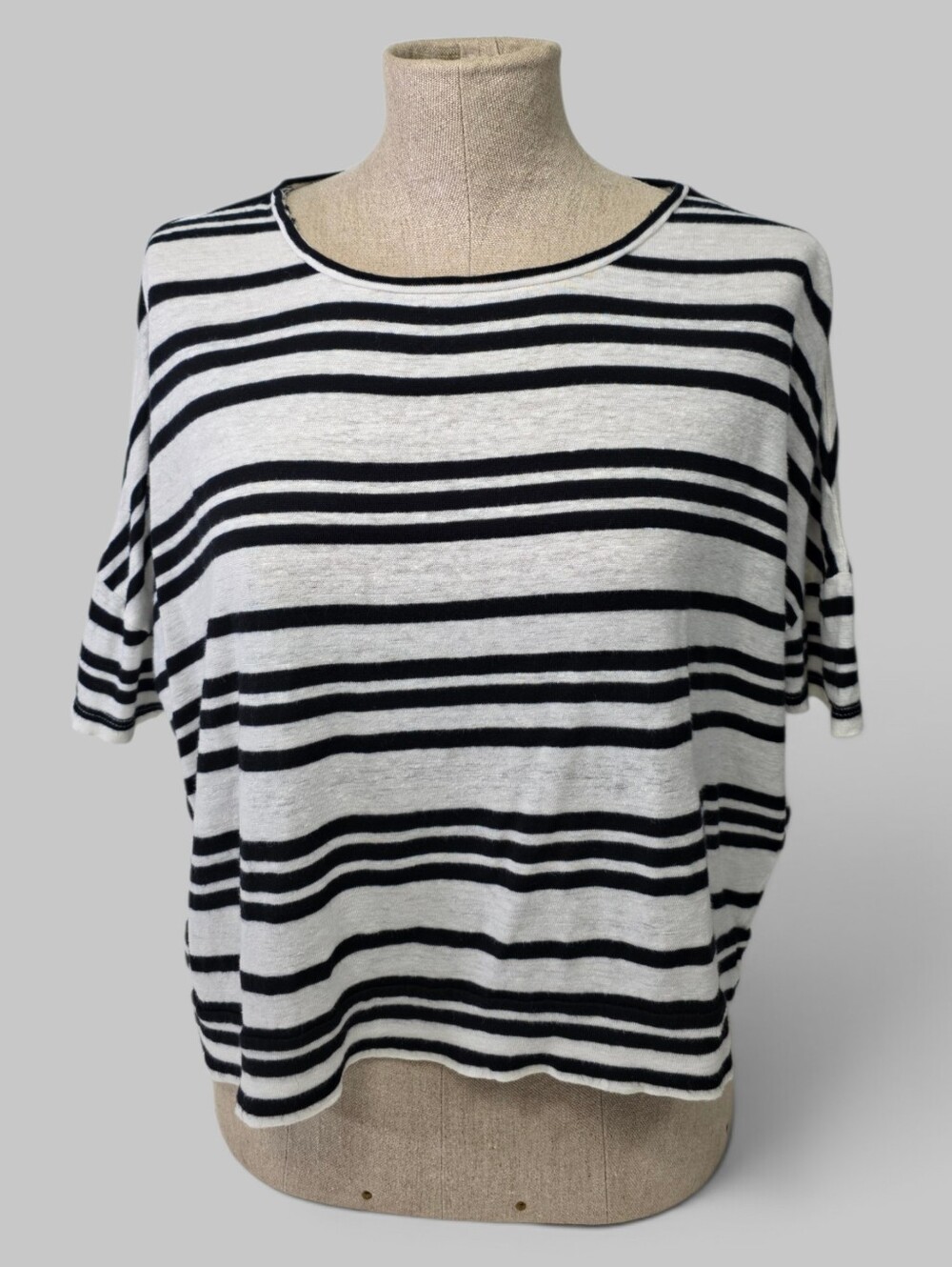 Alice + Olivia Air Striped Linen Blend Boxy Crop Top T-Shirt Black White XS